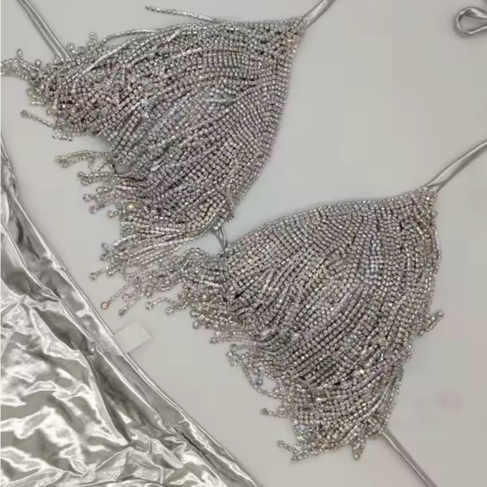 Crystal Fringe Triangle Bralette - Silver